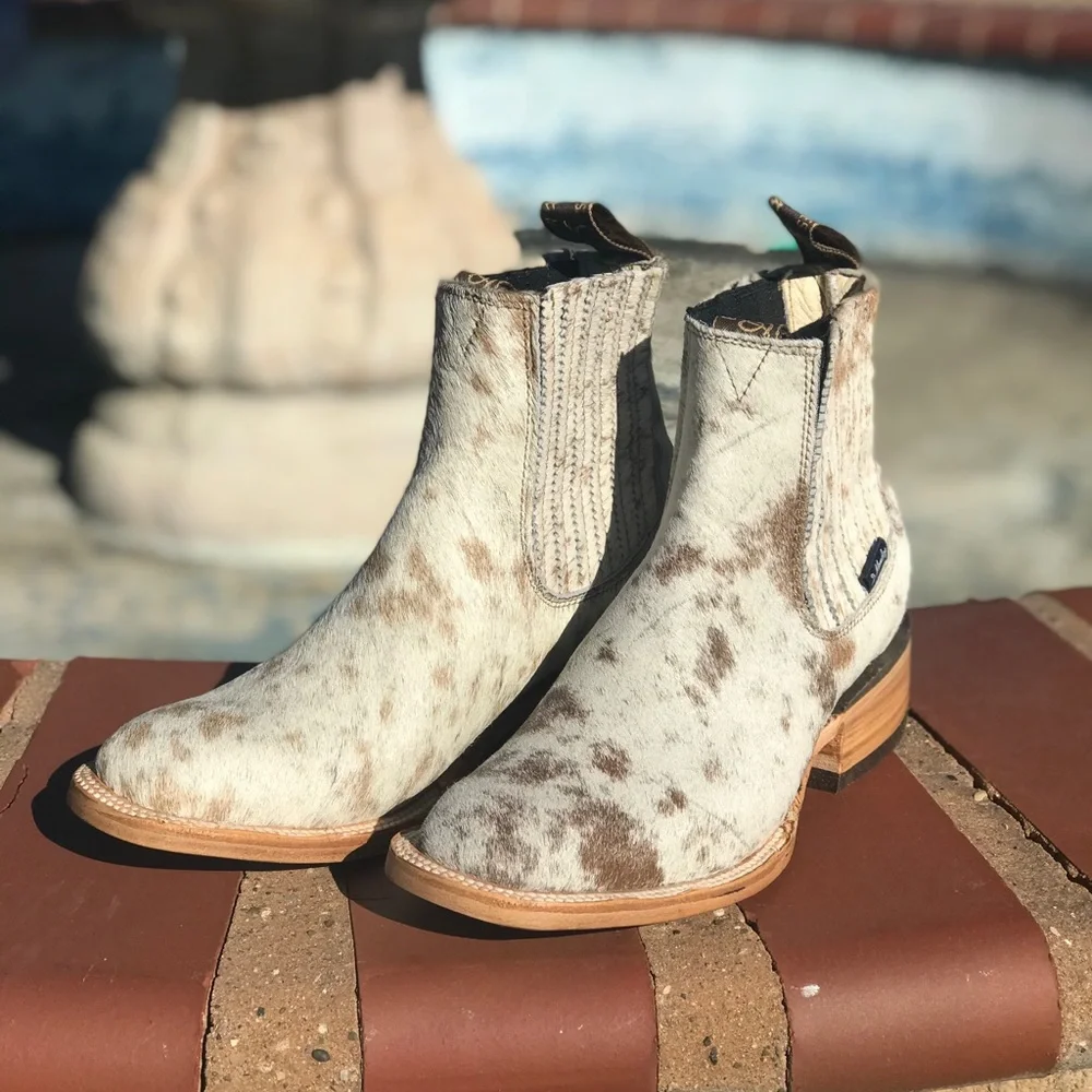 Ariat Spotted Cowhide Chelsea Booties in White and Brown - Picture 2 of 3
